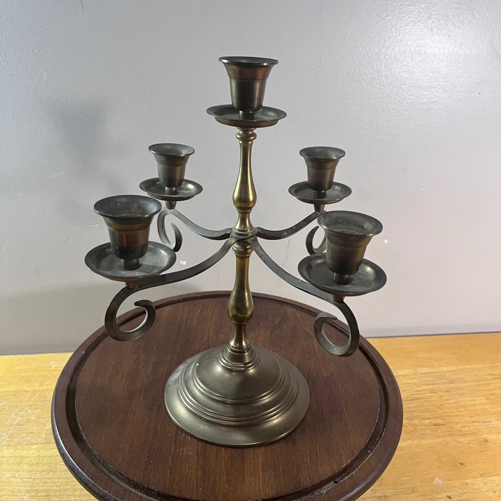 Vtg Candelabra 5 Arm Brass Taper Candle Holder Antique Style Scrolled Decor